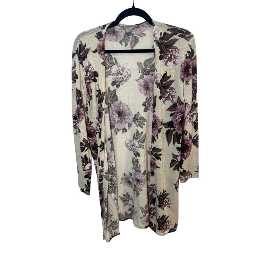 Charlotte Russe Floral Cardigan Cream Purple Romantic Open Front Cottagecore L